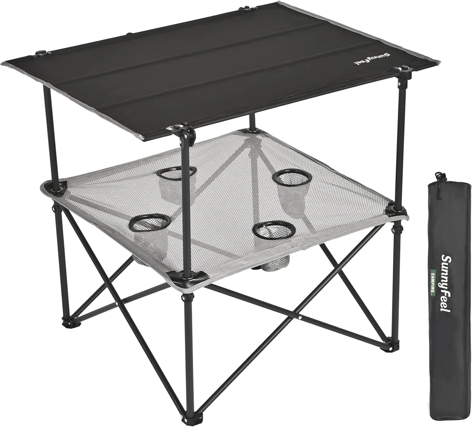 SUNNYFEEL Folding Camping Table- Collapsible Portable Beach Table with 4 Cup Holders & Carry Bags, Tailgate Table for Outdoor Excursion Picnic Hiking Fishing Travel Parties, Black