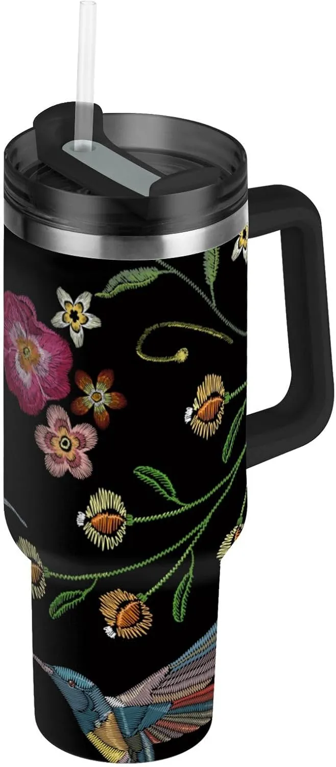 susiyo Insulated Water Bottle Beautiful Hummingbirds Tropical Exotic Flowers Stainless Steel Bottle Cup with Handle for Travel Gym - 30oz