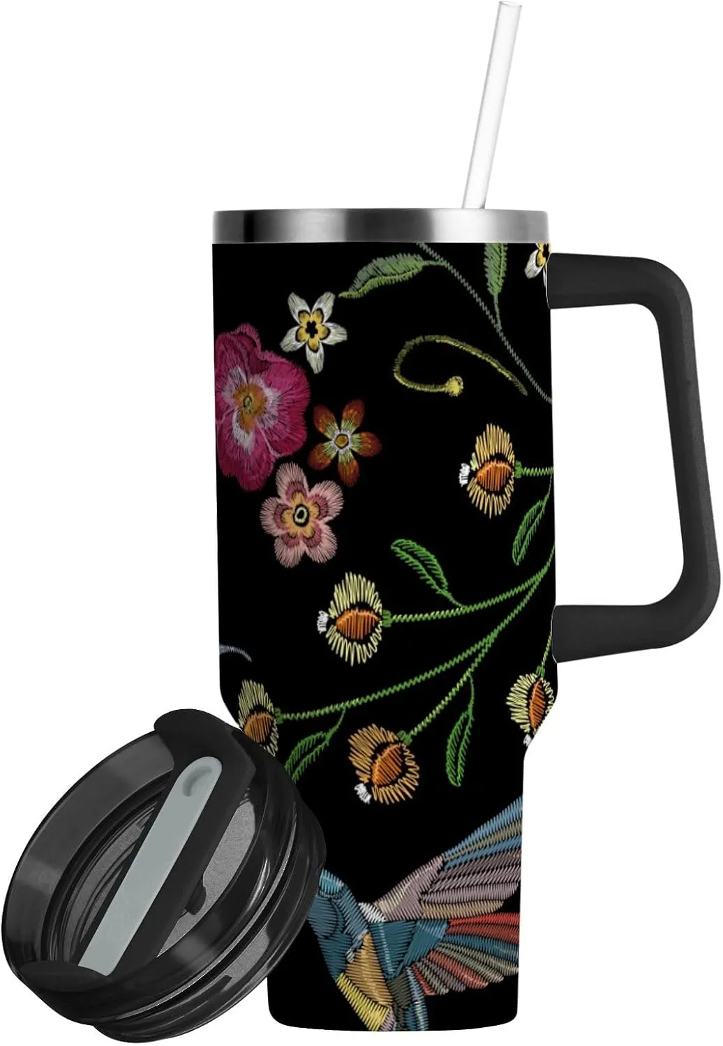 susiyo Insulated Water Bottle Beautiful Hummingbirds Tropical Exotic Flowers Stainless Steel Bottle Cup with Handle for Travel Gym - 30oz