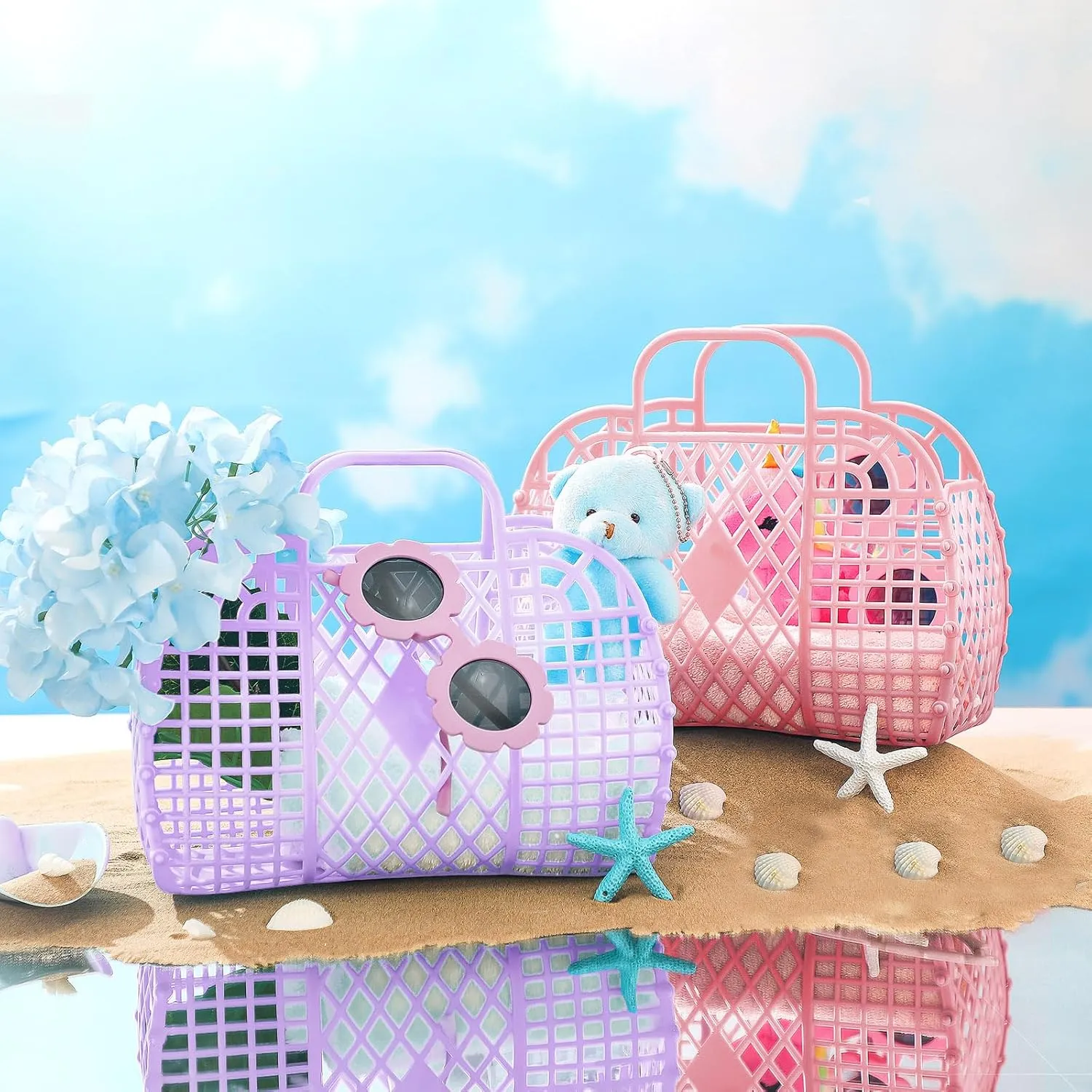 Sweetude 12 Pcs Jelly Bags with Sunglasses Jelly Purse Basket Reusable Tote Beach Handbags for Women Girls Kid