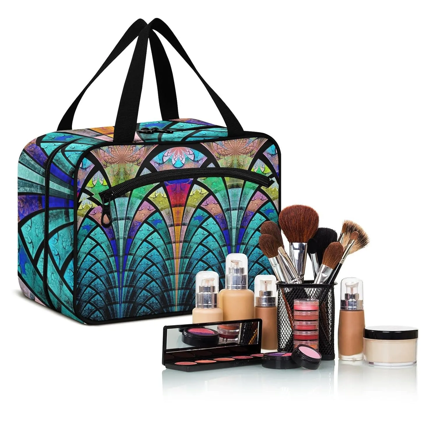 Symmetrical Fractal Flower Black Turquoise Blue Pattern 1 PC Hanging Travel Wash bag with Handles, Portable Makeup Organizer Brush Storage Case Portable Travel Cosmetic with Hook L
