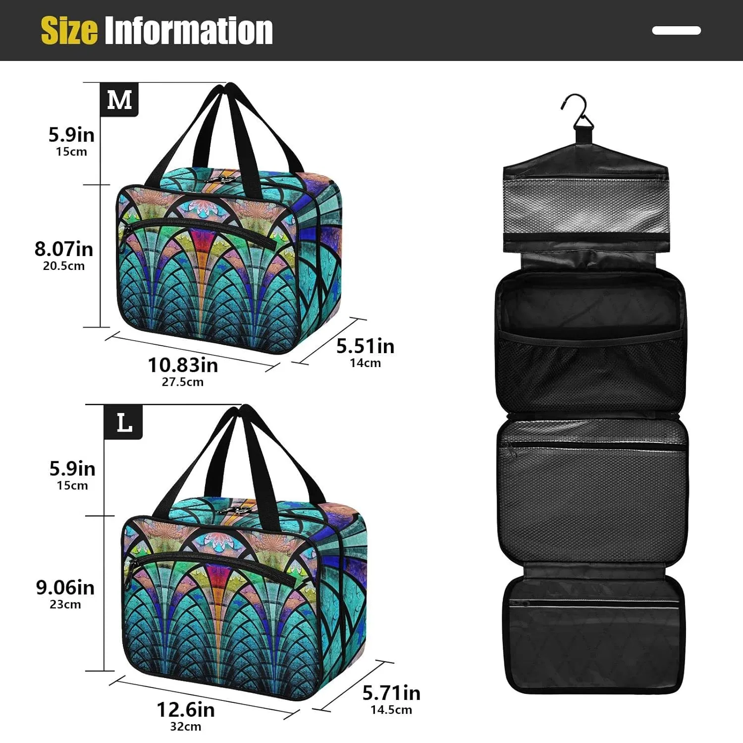 Symmetrical Fractal Flower Black Turquoise Blue Pattern 1 PC Hanging Travel Wash bag with Handles, Portable Makeup Organizer Brush Storage Case Portable Travel Cosmetic with Hook L