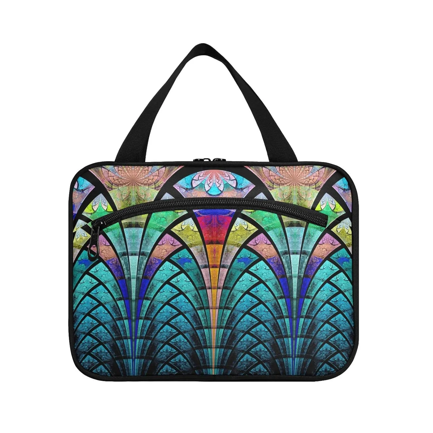 Symmetrical Fractal Flower Black Turquoise Blue Pattern 1 PC Hanging Travel Wash bag with Handles, Portable Makeup Organizer Brush Storage Case Portable Travel Cosmetic with Hook L