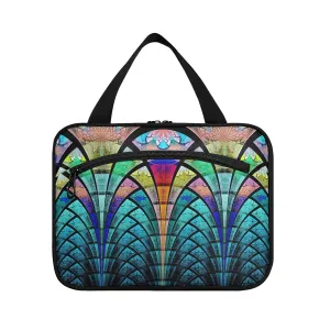 Symmetrical Fractal Flower Black Turquoise Blue Pattern 1 PC Hanging Travel Wash bag with Handles, Portable Makeup Organizer Brush Storage Case Portable Travel Cosmetic with Hook L