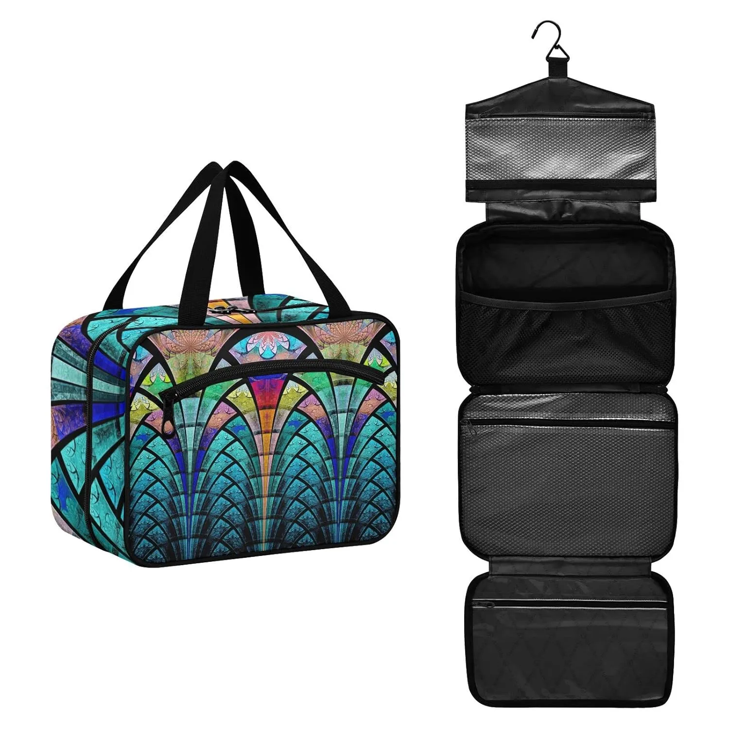Symmetrical Fractal Flower Black Turquoise Blue Pattern 1 PC Hanging Travel Wash bag with Handles, Portable Makeup Organizer Brush Storage Case Portable Travel Cosmetic with Hook L