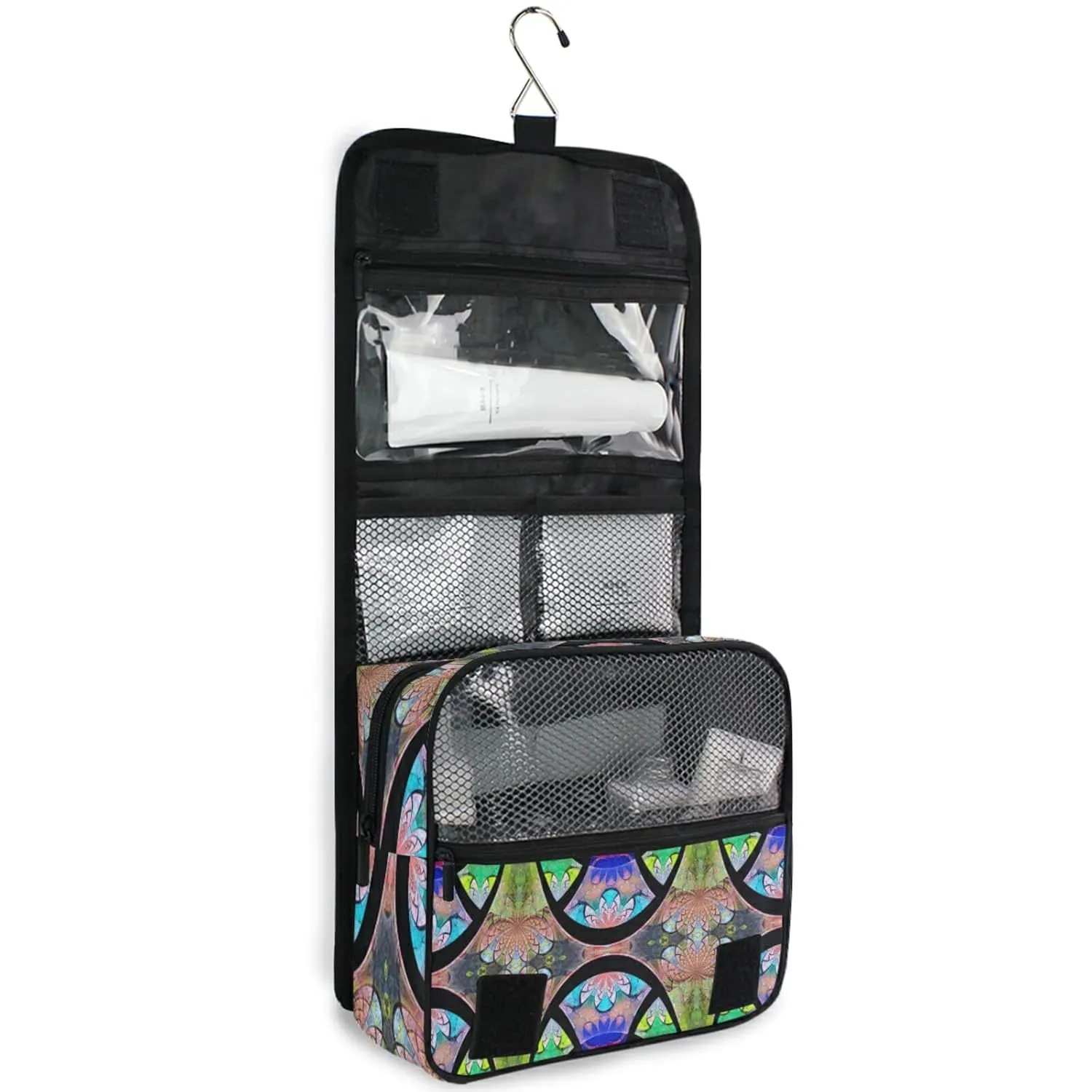 Symmetrical Fractal Flower Black Turquoise Blue Pattern Travel Cosmetic Bag, Hanging Toiletry Wash bag, Portable Makeup Organizer Brush Case, Storage Bag with Hook for Bathroom Toilet