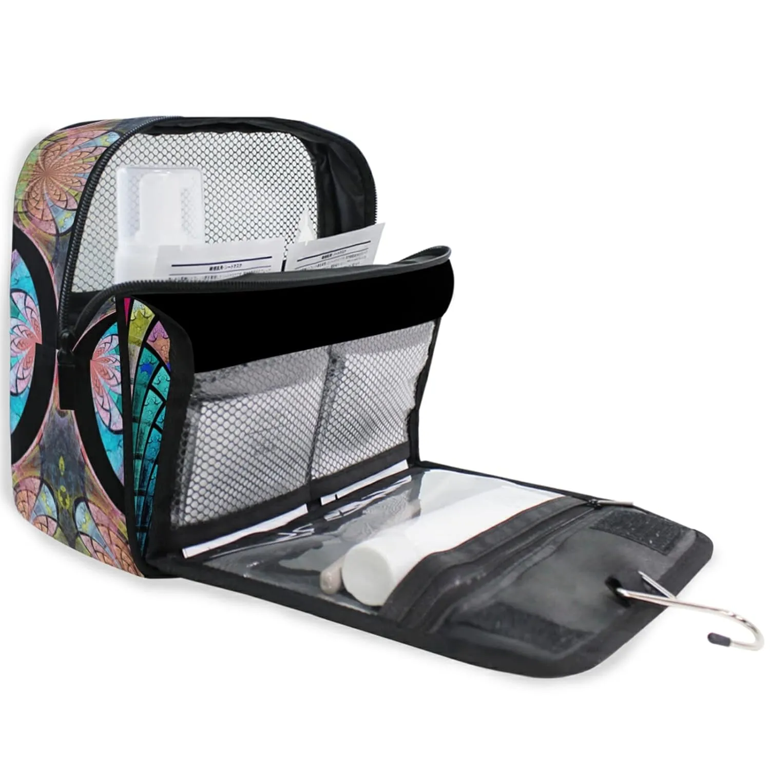 Symmetrical Fractal Flower Black Turquoise Blue Pattern Travel Cosmetic Bag, Hanging Toiletry Wash bag, Portable Makeup Organizer Brush Case, Storage Bag with Hook for Bathroom Toilet