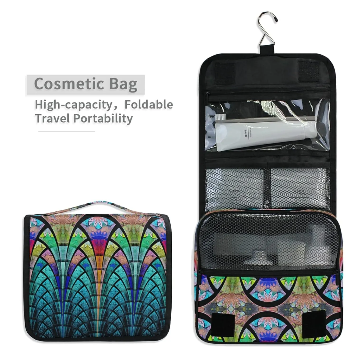 Symmetrical Fractal Flower Black Turquoise Blue Pattern Travel Cosmetic Bag, Hanging Toiletry Wash bag, Portable Makeup Organizer Brush Case, Storage Bag with Hook for Bathroom Toilet