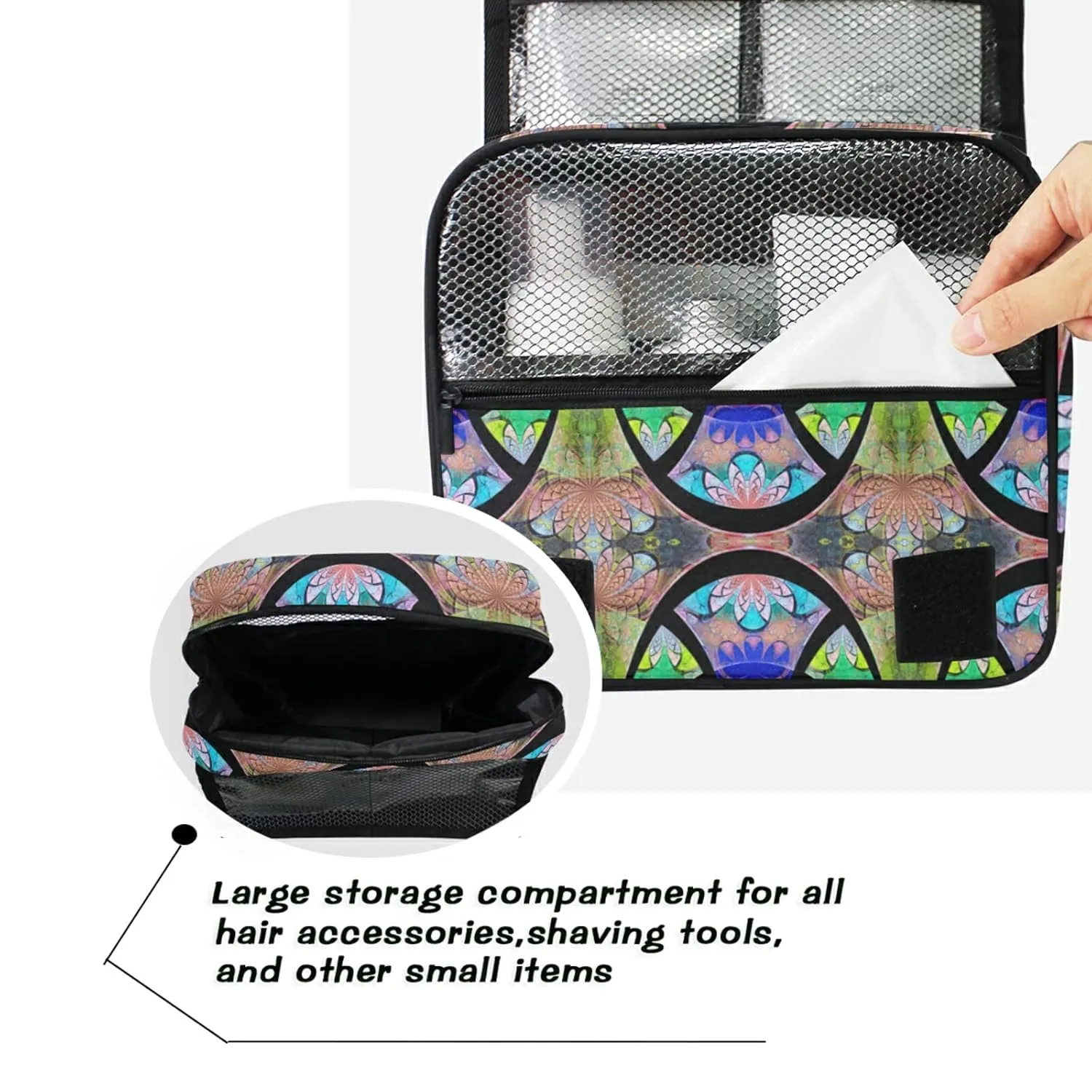 Symmetrical Fractal Flower Black Turquoise Blue Pattern Travel Cosmetic Bag, Hanging Toiletry Wash bag, Portable Makeup Organizer Brush Case, Storage Bag with Hook for Bathroom Toilet