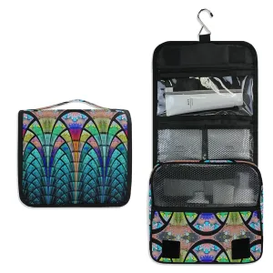 Symmetrical Fractal Flower Black Turquoise Blue Pattern Travel Cosmetic Bag, Hanging Toiletry Wash bag, Portable Makeup Organizer Brush Case, Storage Bag with Hook for Bathroom Toilet