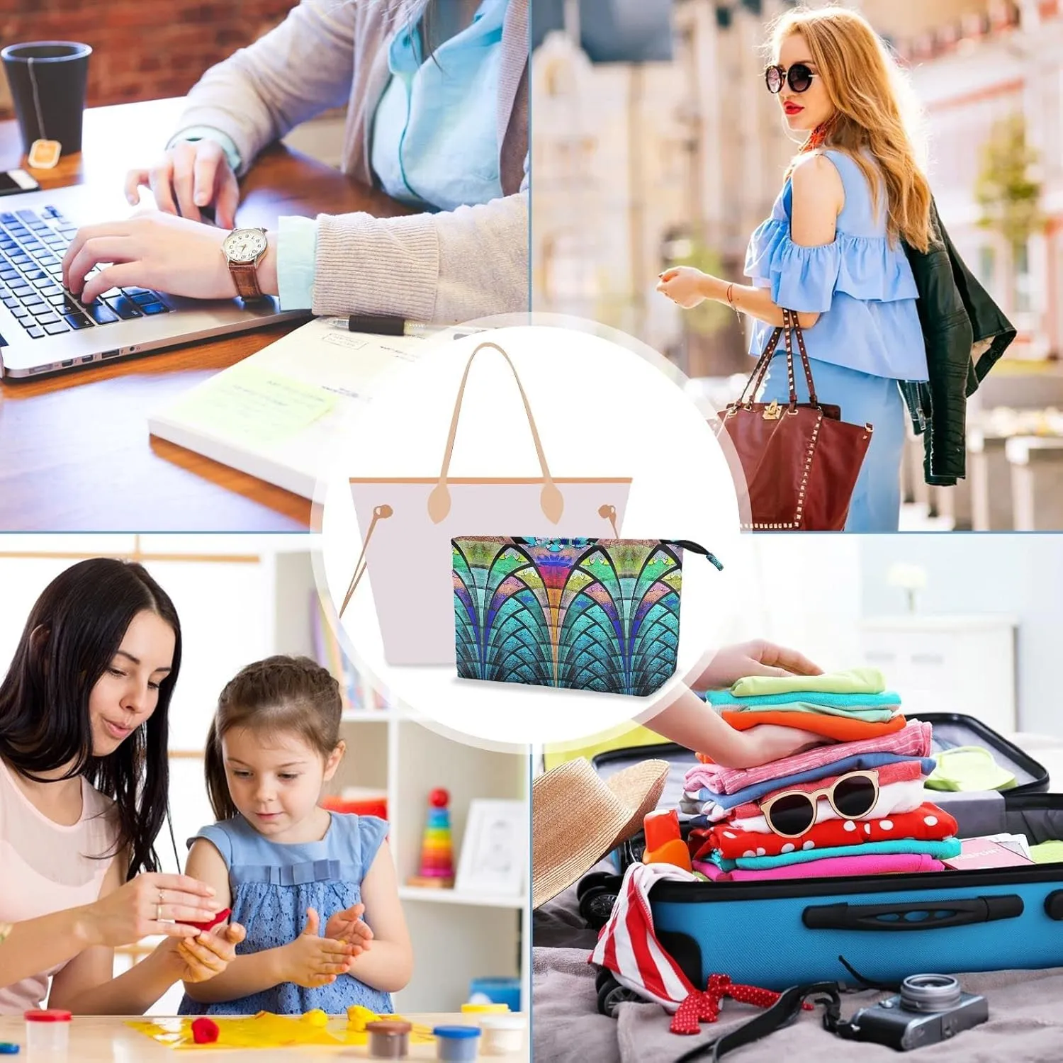 Symmetrical Fractal Flower Black Turquoise Blue Pattern Women Cosmetic Storage Handbag Case Portable Coin Purse, Makeup Bag Toiletry Handbag Organizer, Large Ladies Pouch Holder L