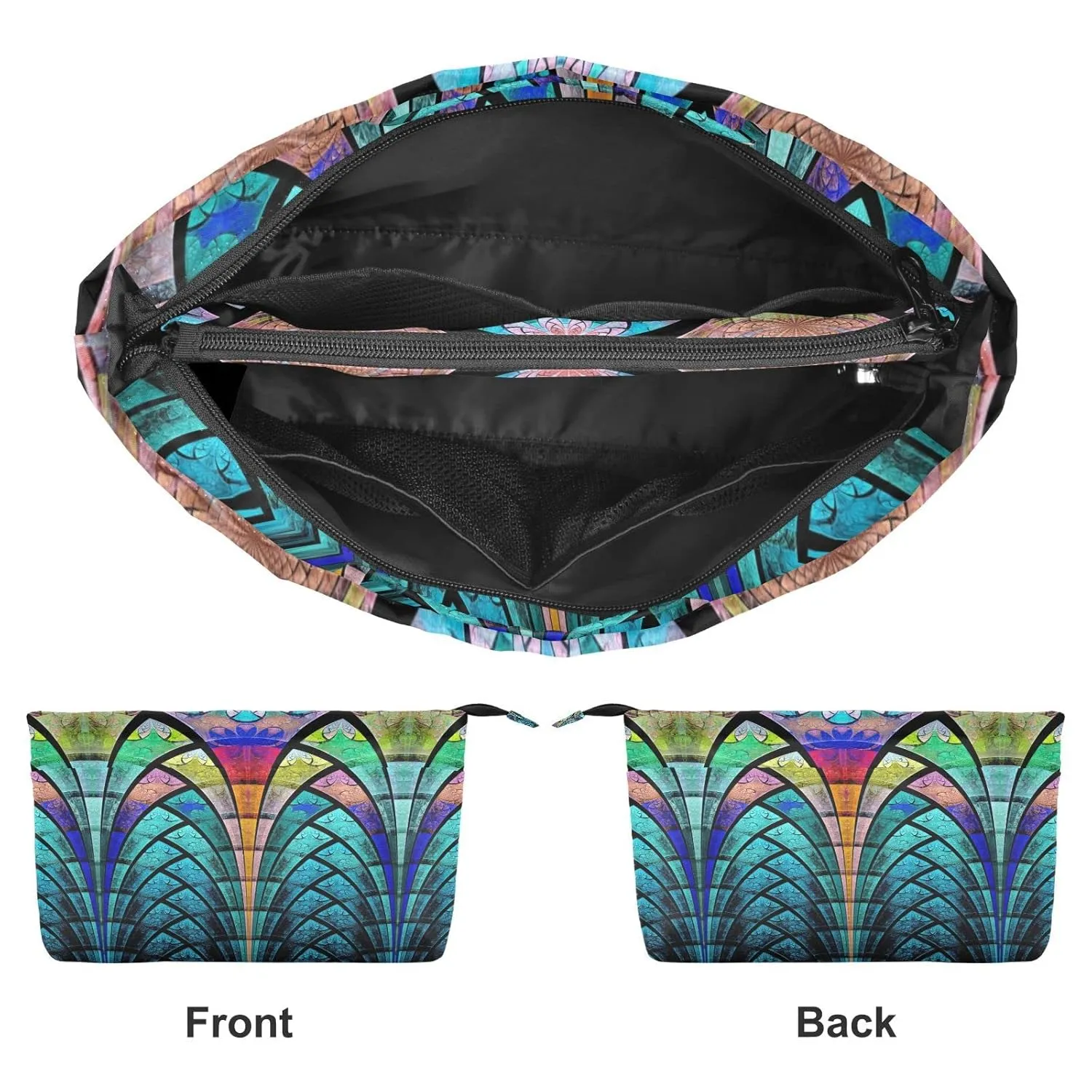 Symmetrical Fractal Flower Black Turquoise Blue Pattern Women Cosmetic Storage Handbag Case Portable Coin Purse, Makeup Bag Toiletry Handbag Organizer, Large Ladies Pouch Holder L