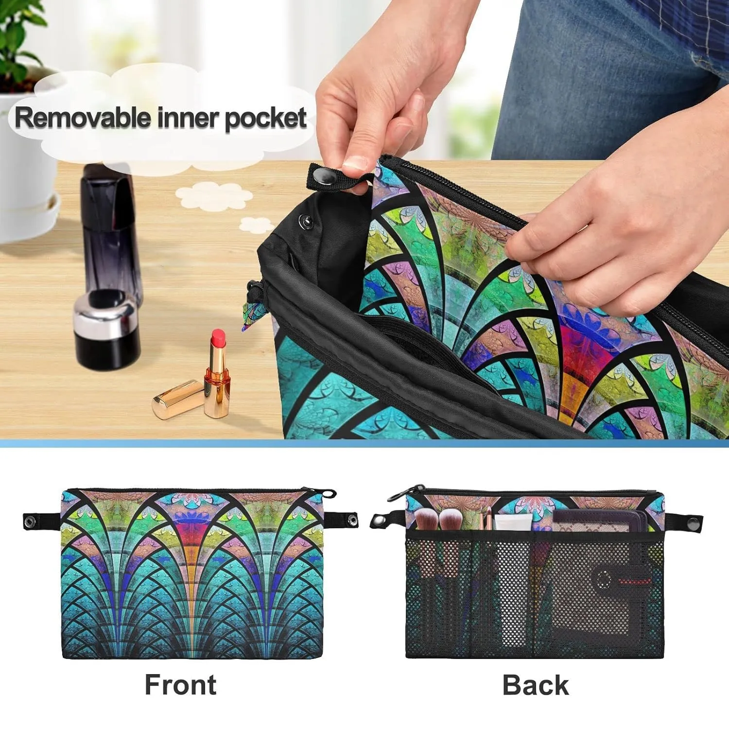 Symmetrical Fractal Flower Black Turquoise Blue Pattern Women Cosmetic Storage Handbag Case Portable Coin Purse, Makeup Bag Toiletry Handbag Organizer, Large Ladies Pouch Holder L