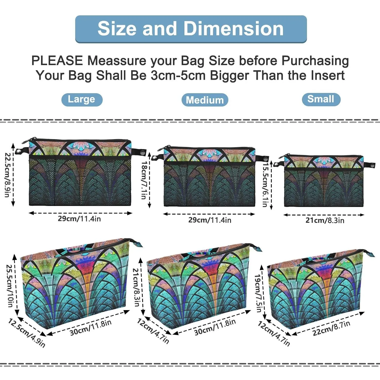 Symmetrical Fractal Flower Black Turquoise Blue Pattern Women Cosmetic Storage Handbag Case Portable Coin Purse, Makeup Bag Toiletry Handbag Organizer, Large Ladies Pouch Holder L