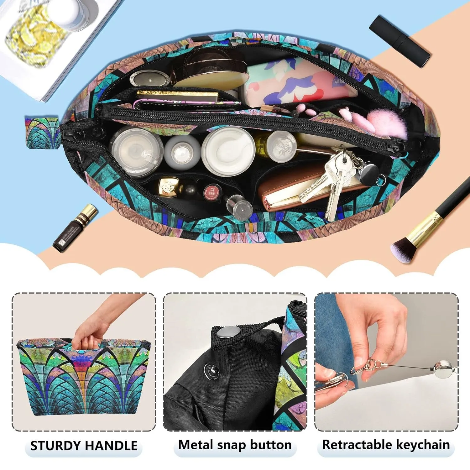 Symmetrical Fractal Flower Black Turquoise Blue Pattern Women Cosmetic Storage Handbag Case Portable Coin Purse, Makeup Bag Toiletry Handbag Organizer, Large Ladies Pouch Holder L