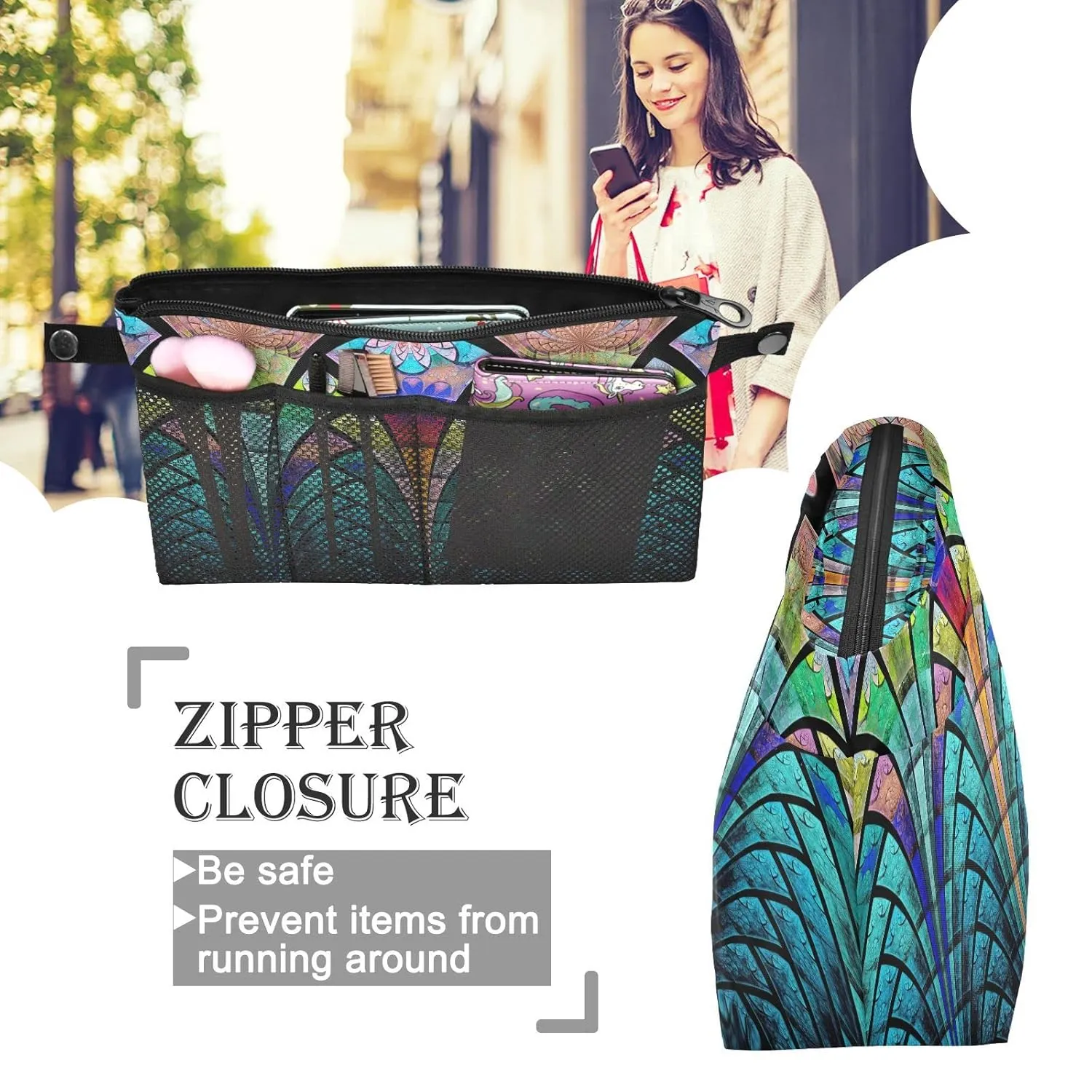 Symmetrical Fractal Flower Black Turquoise Blue Pattern Women Cosmetic Storage Handbag Case Portable Coin Purse, Makeup Bag Toiletry Handbag Organizer, Large Ladies Pouch Holder L
