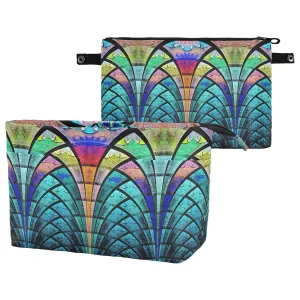 Symmetrical Fractal Flower Black Turquoise Blue Pattern Women Cosmetic Storage Handbag Case Portable Coin Purse, Makeup Bag Toiletry Handbag Organizer, Large Ladies Pouch Holder L