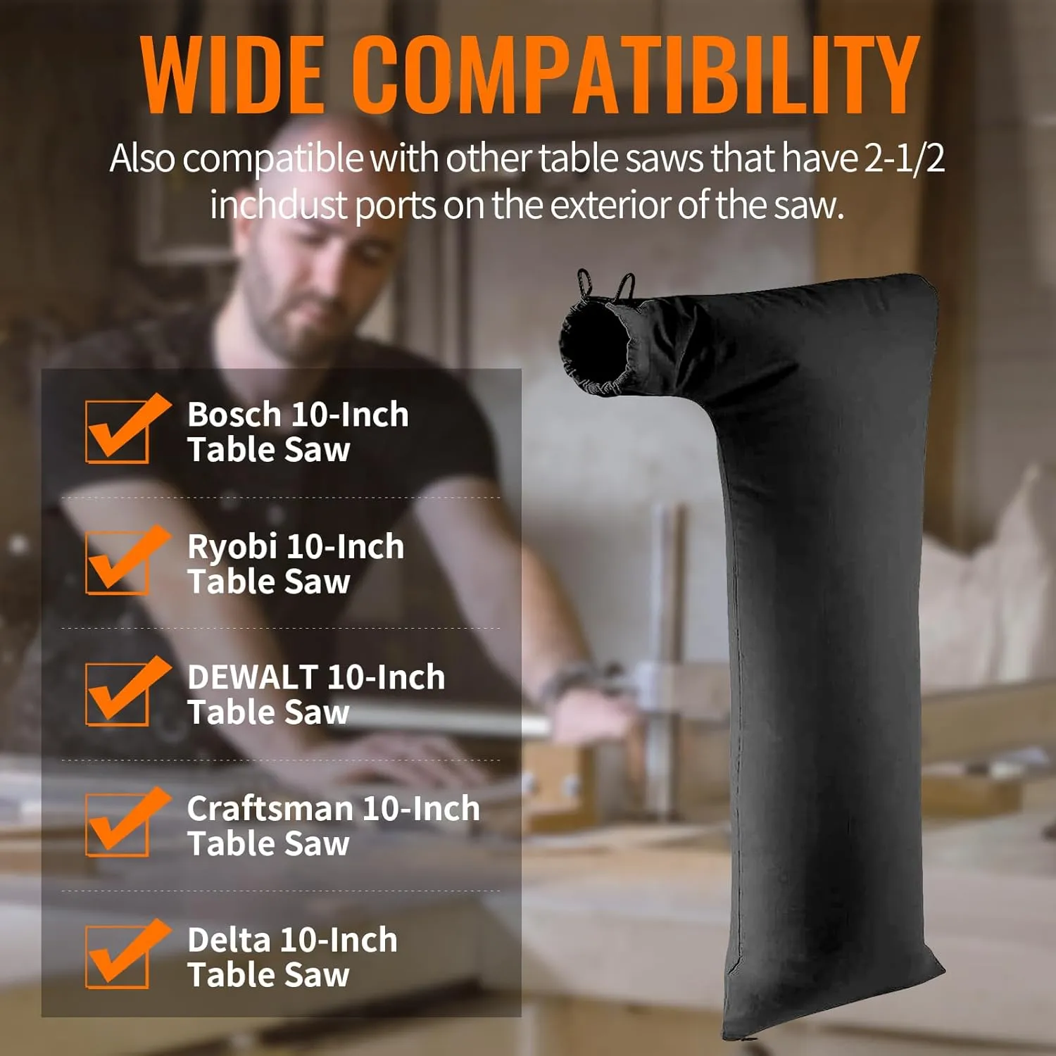 Table Saw Dust Collector Bag Compatible for Bosch/Dewalt/Ryobi/Porter Cable/Craftsman/RIGID/Metabo/Kobalt/Skilsaw/Delta (10" Tablesaws with 2.5" Dust Port)-2Pack