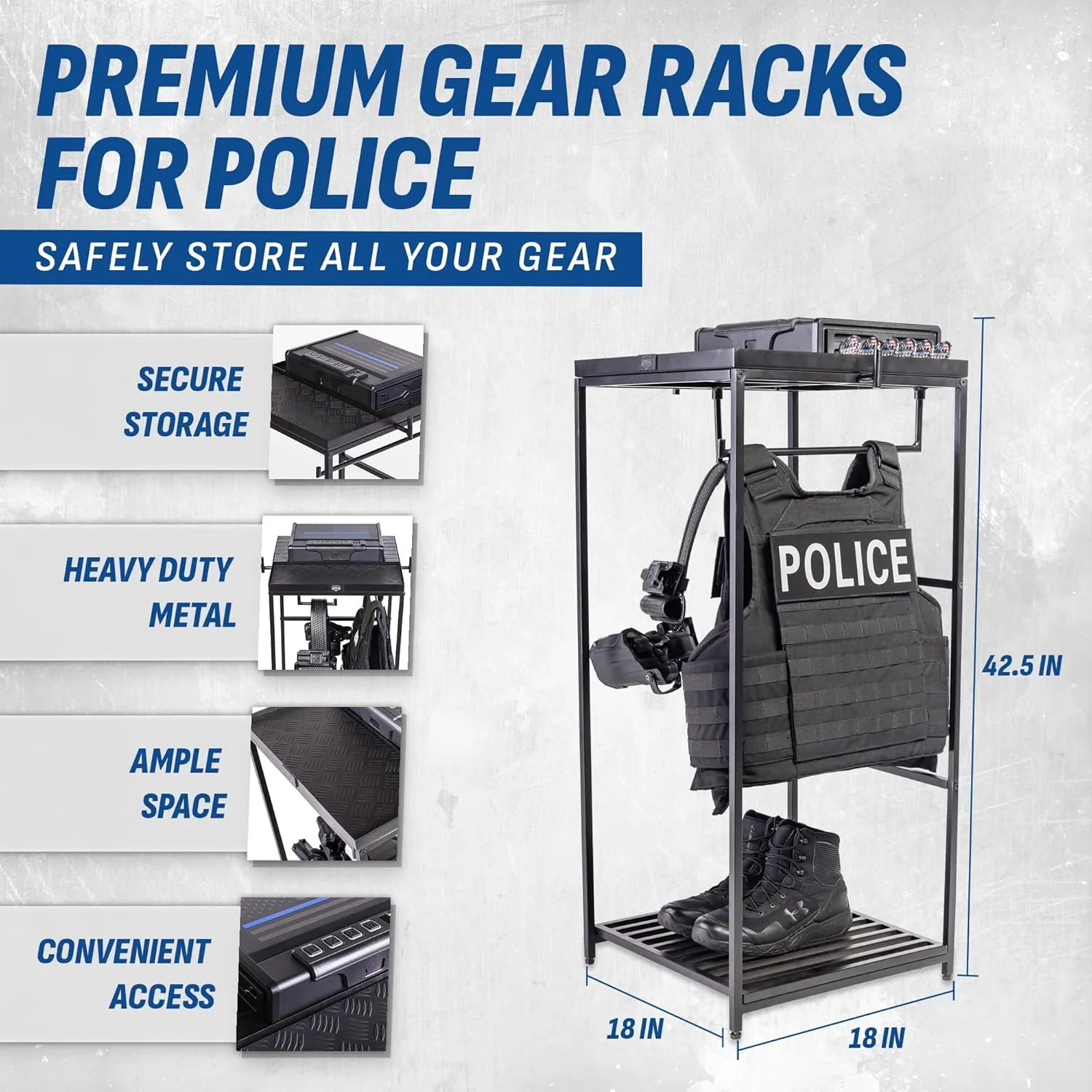 Tac Tower – Police Gear Rack with Quick Access Safe – American Flag Tactical Gear Stand – Law Enforcement Vest and Duty Belt Holder - Cop Caddy Valet Stand - Police Gift