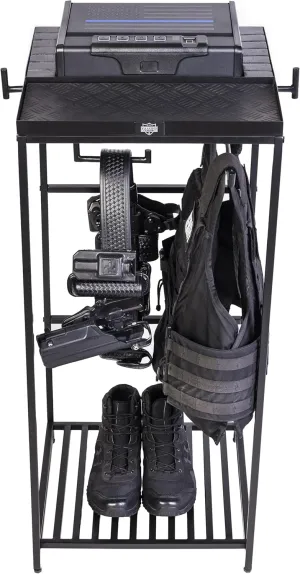 Tac Tower – Police Gear Rack with Quick Access Safe – American Flag Tactical Gear Stand – Law Enforcement Vest and Duty Belt Holder - Cop Caddy Valet Stand - Police Gift