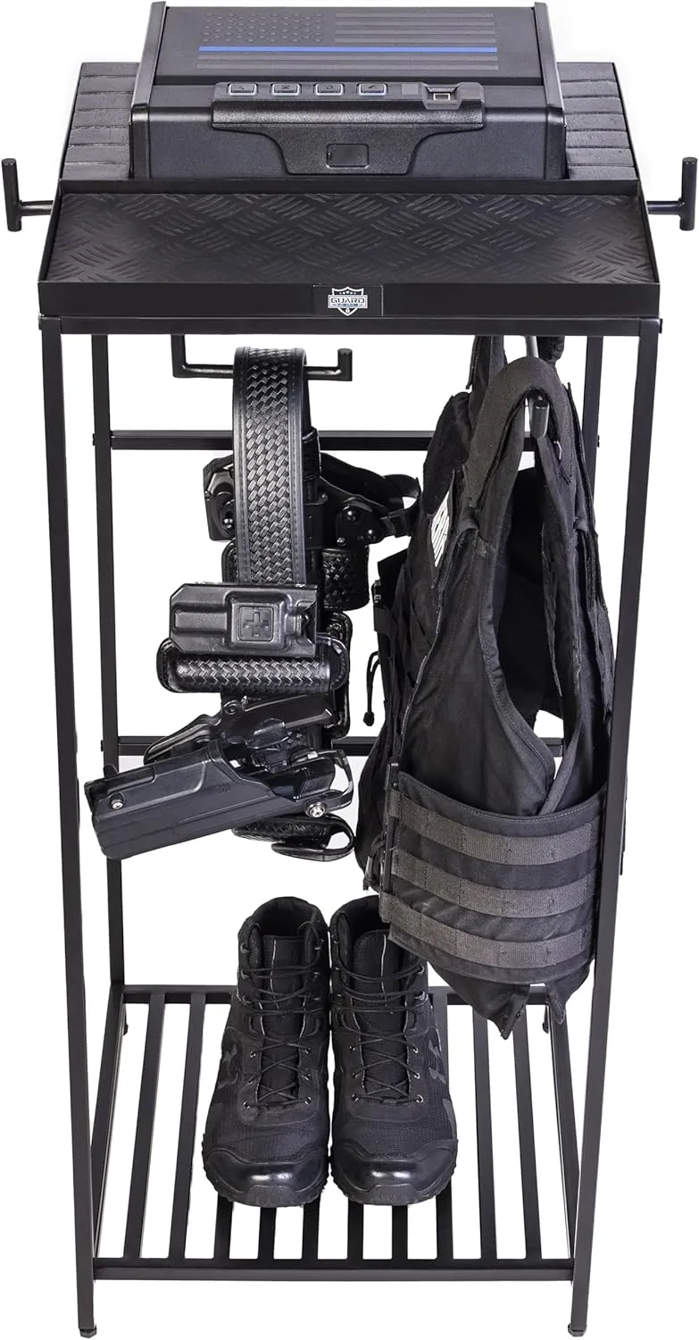 Tac Tower – Police Gear Rack with Quick Access Safe – American Flag Tactical Gear Stand – Law Enforcement Vest and Duty Belt Holder - Cop Caddy Valet Stand - Police Gift