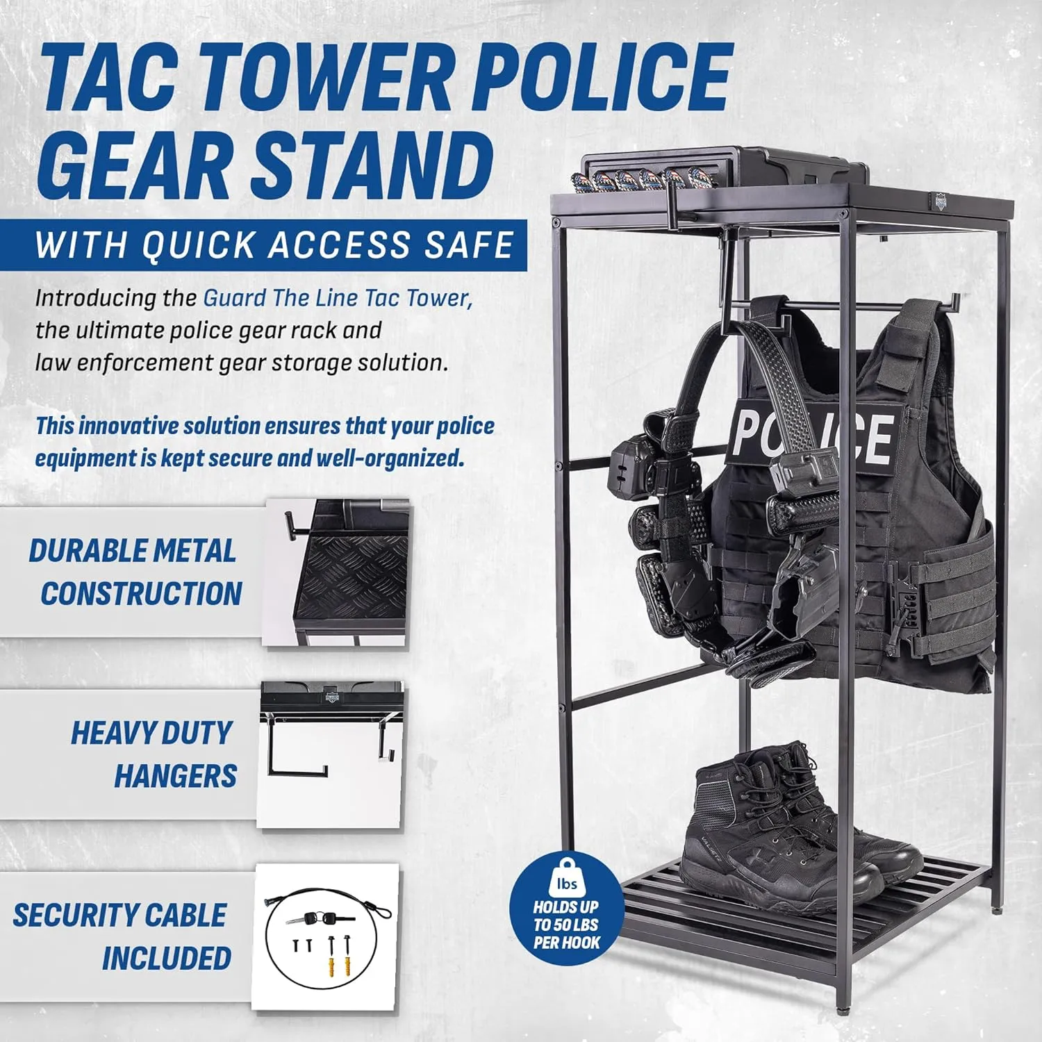 Tac Tower – Police Gear Rack with Quick Access Safe – American Flag Tactical Gear Stand – Law Enforcement Vest and Duty Belt Holder - Cop Caddy Valet Stand - Police Gift