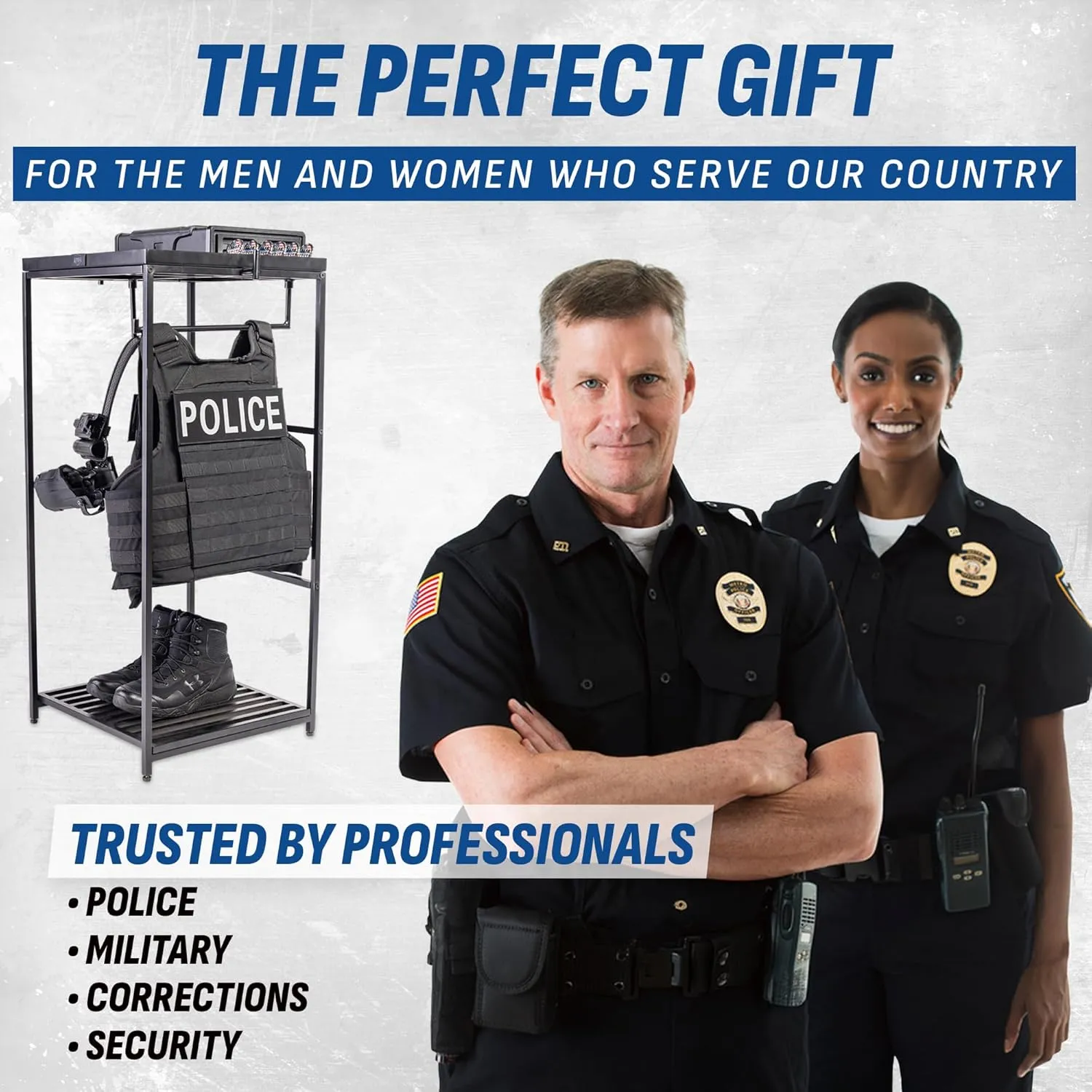 Tac Tower – Police Gear Rack with Quick Access Safe – American Flag Tactical Gear Stand – Law Enforcement Vest and Duty Belt Holder - Cop Caddy Valet Stand - Police Gift