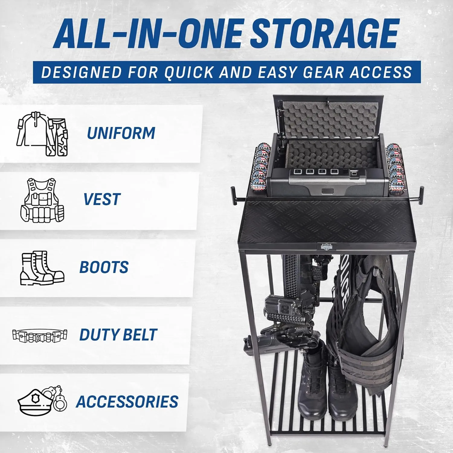 Tac Tower – Police Gear Rack with Quick Access Safe – American Flag Tactical Gear Stand – Law Enforcement Vest and Duty Belt Holder - Cop Caddy Valet Stand - Police Gift