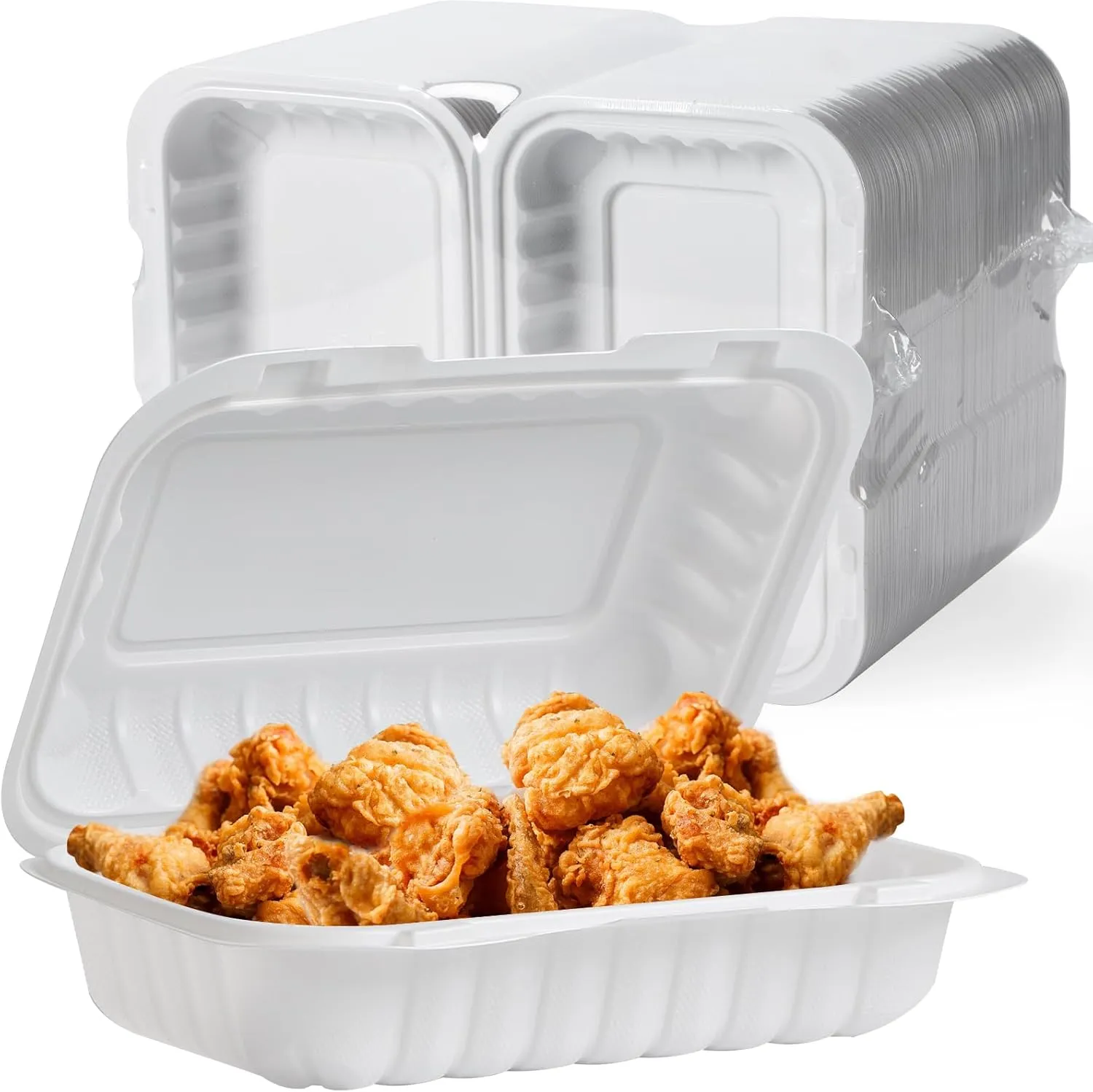 Take Out Food Containers, 27OZ Plastic Clamshell To Go Containers with Lids Reusable BPA Free 50 Pack Hinged Heavy-Duty MFPP White Disposable To Go Boxes for Meal Prep