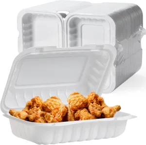 Take Out Food Containers, 27OZ Plastic Clamshell To Go Containers with Lids Reusable BPA Free 50 Pack Hinged Heavy-Duty MFPP White Disposable To Go Boxes for Meal Prep