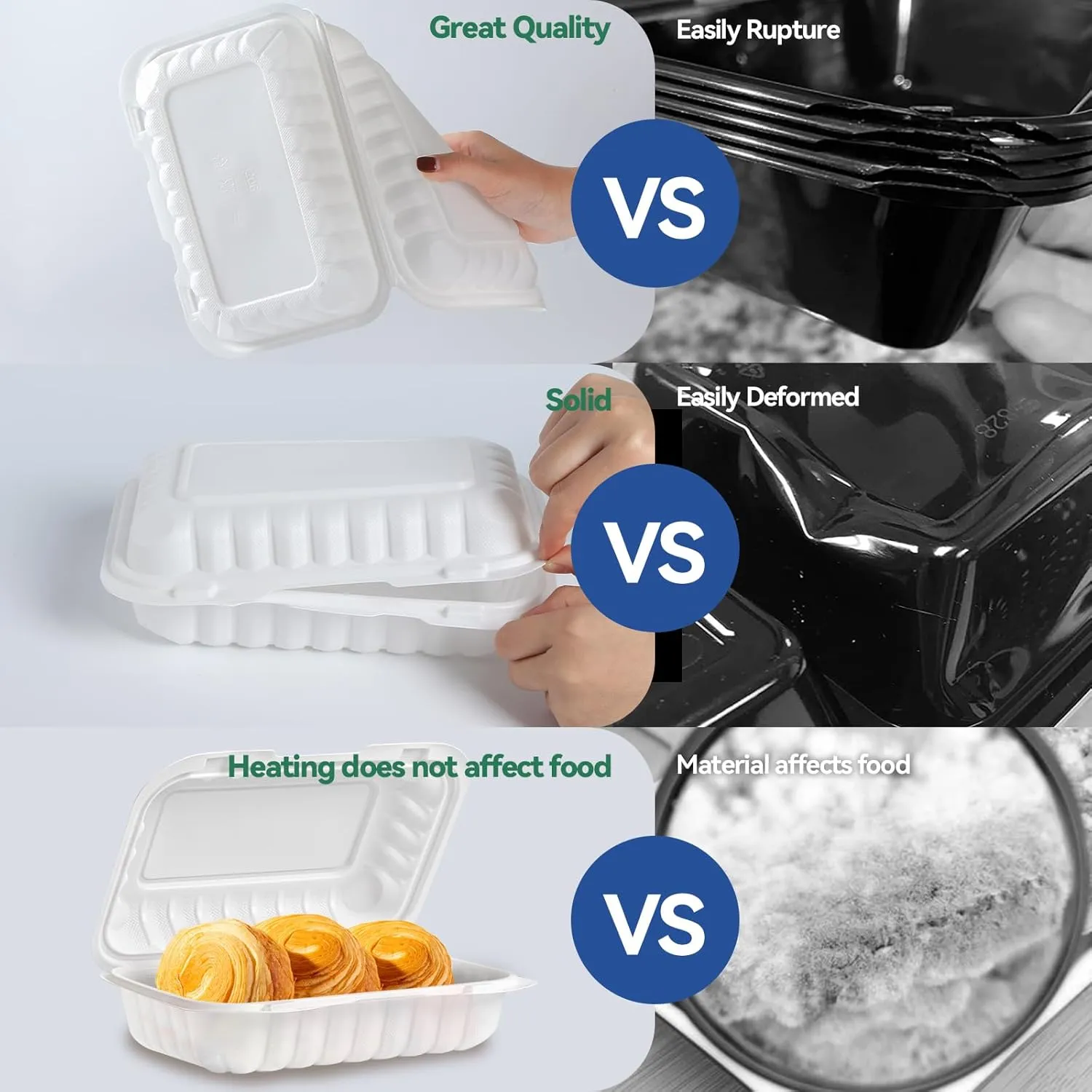 Take Out Food Containers, 27OZ Plastic Clamshell To Go Containers with Lids Reusable BPA Free 50 Pack Hinged Heavy-Duty MFPP White Disposable To Go Boxes for Meal Prep