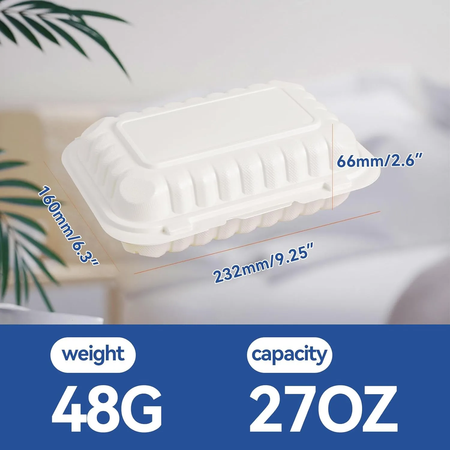 Take Out Food Containers, 27OZ Plastic Clamshell To Go Containers with Lids Reusable BPA Free 50 Pack Hinged Heavy-Duty MFPP White Disposable To Go Boxes for Meal Prep
