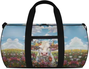Talayituse Cow Print Gym Bag for Women Daisy Flower Cloud Pattern Folding Travel Bag Zipper Travel Duffel Bag Waterproof Sport Tote Gym Bag Sturdy Carry On Luggage for Pool Beach Swim