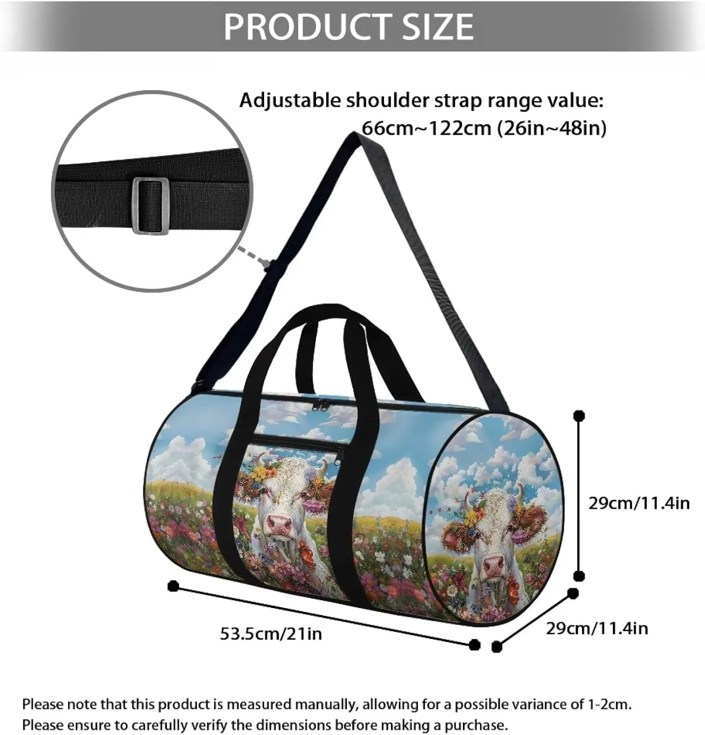 Talayituse Cow Print Gym Bag for Women Daisy Flower Cloud Pattern Folding Travel Bag Zipper Travel Duffel Bag Waterproof Sport Tote Gym Bag Sturdy Carry On Luggage for Pool Beach Swim