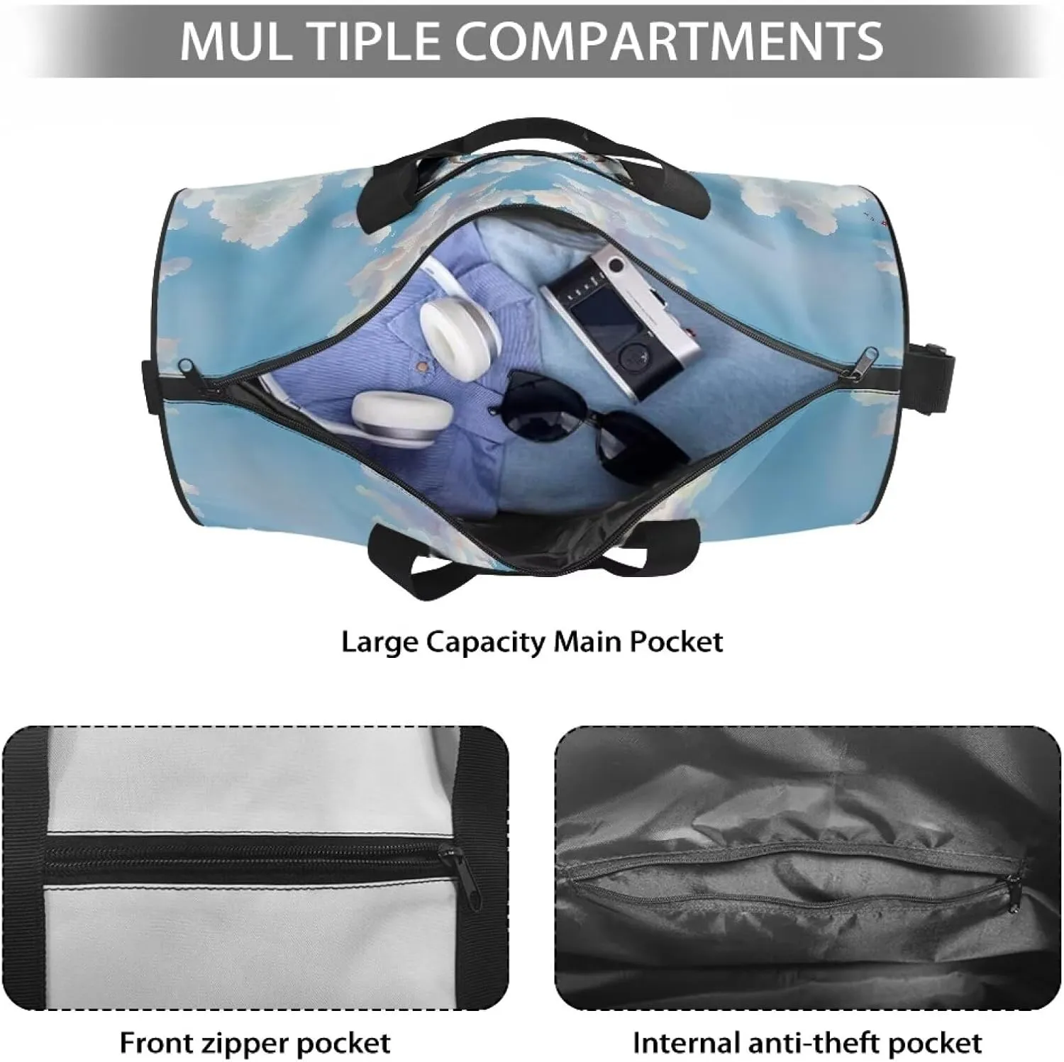 Talayituse Cow Print Gym Bag for Women Daisy Flower Cloud Pattern Folding Travel Bag Zipper Travel Duffel Bag Waterproof Sport Tote Gym Bag Sturdy Carry On Luggage for Pool Beach Swim