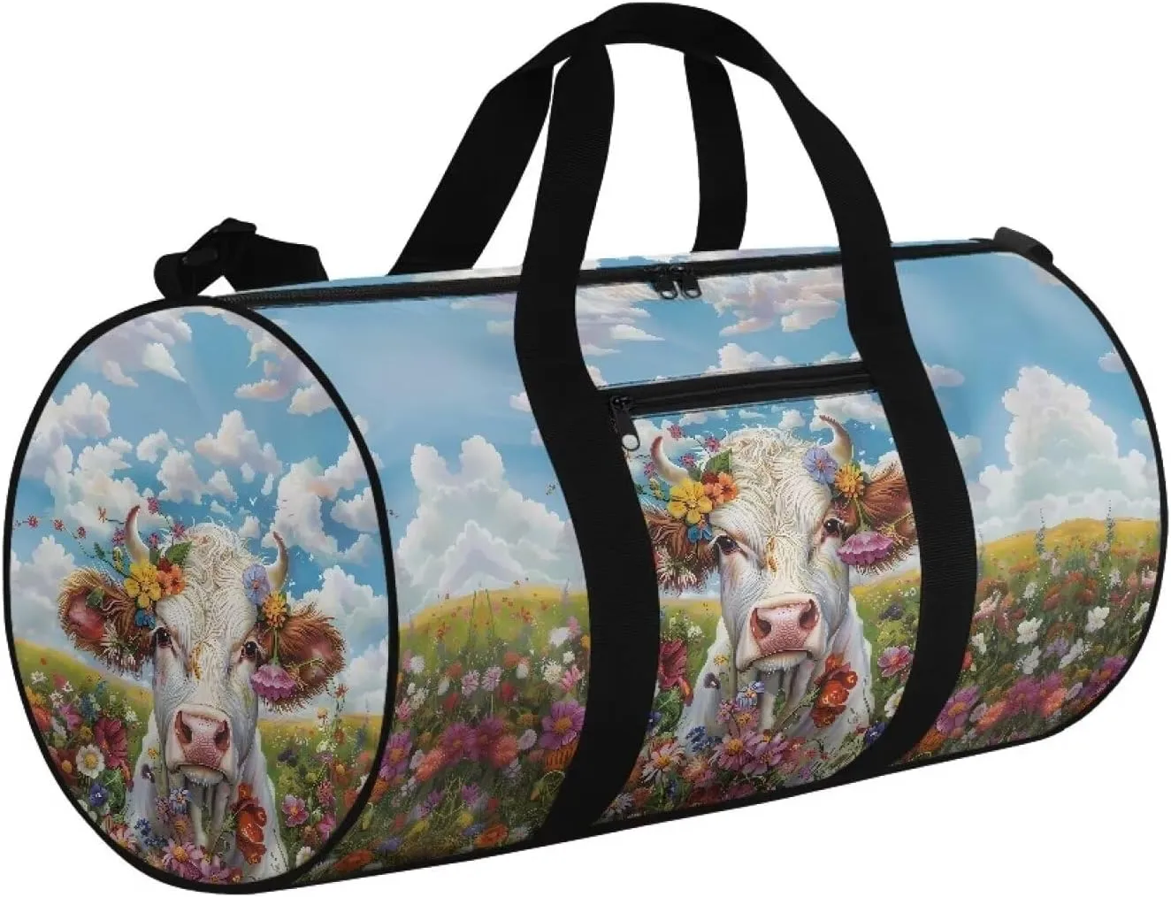 Talayituse Cow Print Gym Bag for Women Daisy Flower Cloud Pattern Folding Travel Bag Zipper Travel Duffel Bag Waterproof Sport Tote Gym Bag Sturdy Carry On Luggage for Pool Beach Swim