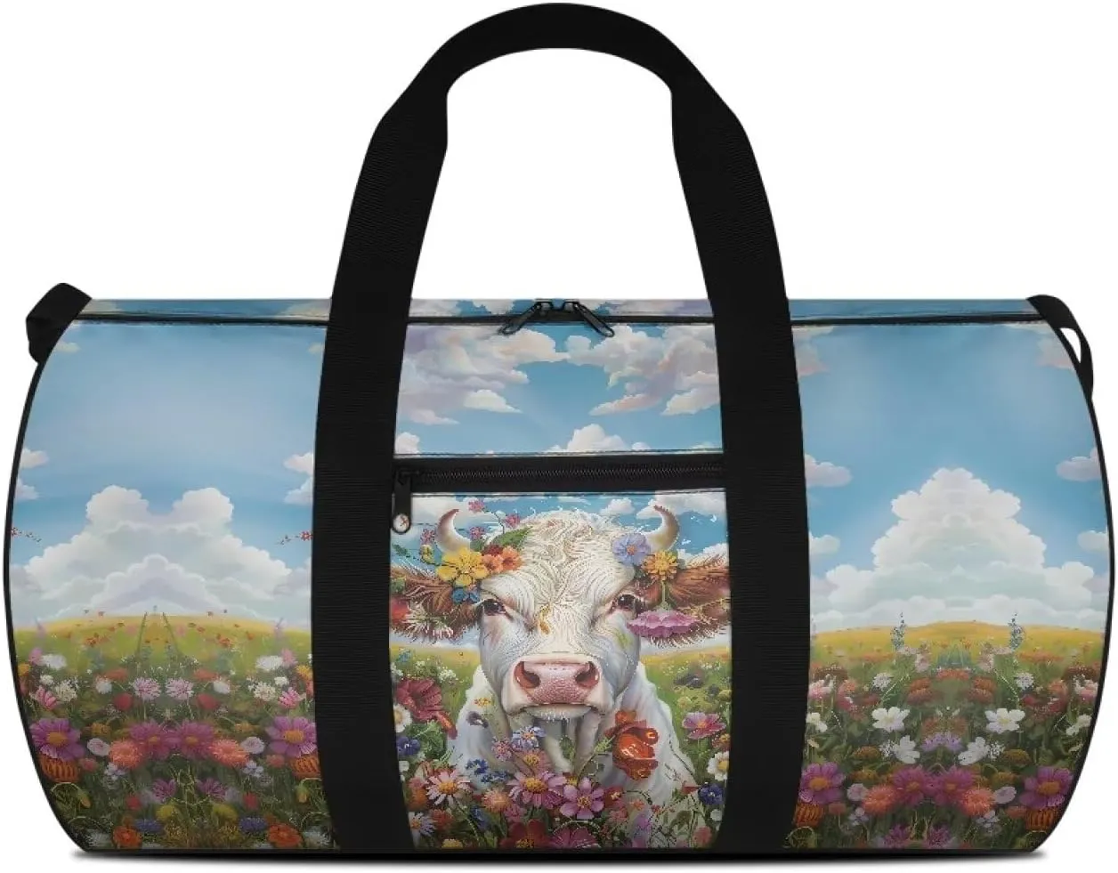 Talayituse Cow Print Gym Bag for Women Daisy Flower Cloud Pattern Folding Travel Bag Zipper Travel Duffel Bag Waterproof Sport Tote Gym Bag Sturdy Carry On Luggage for Pool Beach Swim