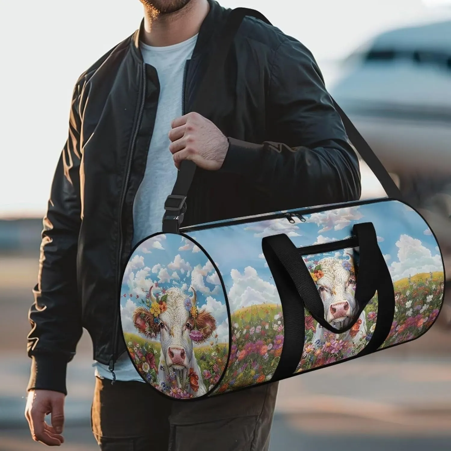 Talayituse Cow Print Gym Bag for Women Daisy Flower Cloud Pattern Folding Travel Bag Zipper Travel Duffel Bag Waterproof Sport Tote Gym Bag Sturdy Carry On Luggage for Pool Beach Swim