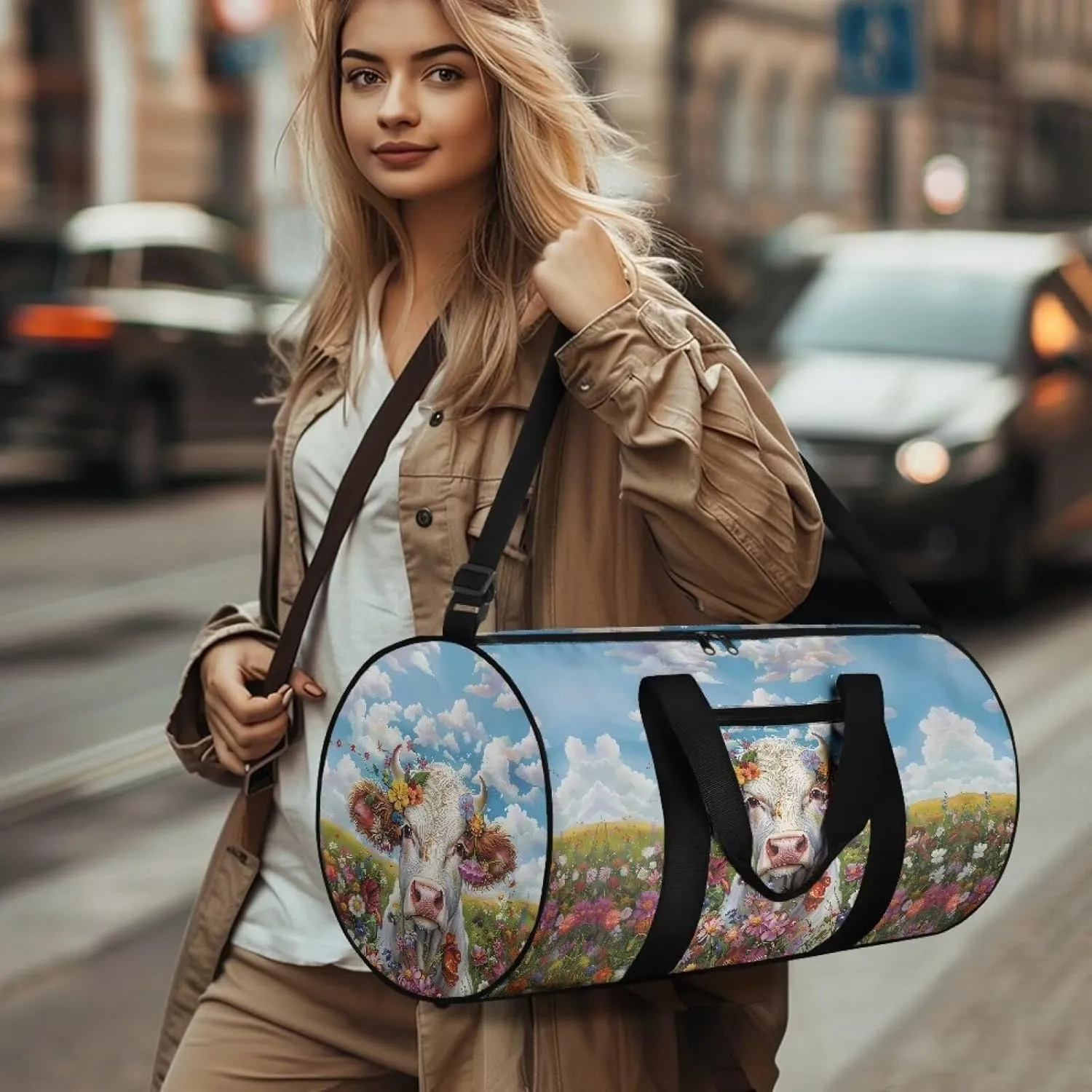 Talayituse Cow Print Gym Bag for Women Daisy Flower Cloud Pattern Folding Travel Bag Zipper Travel Duffel Bag Waterproof Sport Tote Gym Bag Sturdy Carry On Luggage for Pool Beach Swim