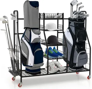 Tangkula Golf Bag Storage Rack for Garage, Heavy Duty Metal Double Golf Bag Storage Rack with Removable Golf Club Stand, Shelves & Lockable Wheels, Extra Large Golf Equipment Organizer for Garage