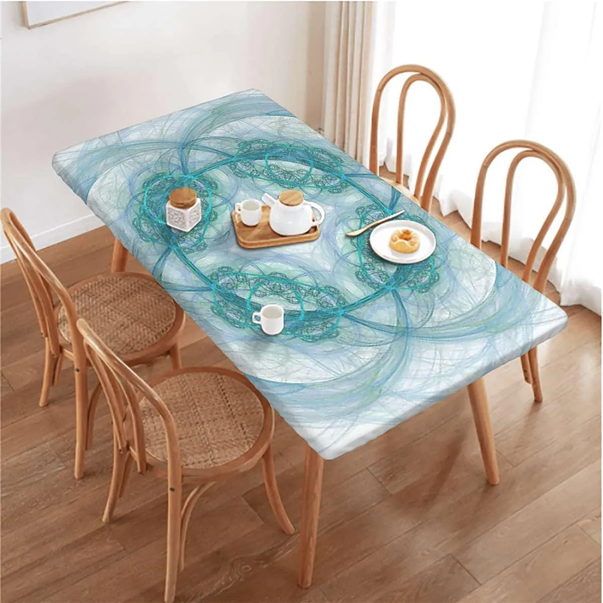 Teal Elastic Fitted Tablecloth Flower Shaped Spiral Digital Vortex Pattern Tablecloth Fitted Table Cloth Rectangle Table Layered Floral Fits up 5 Foot Tables