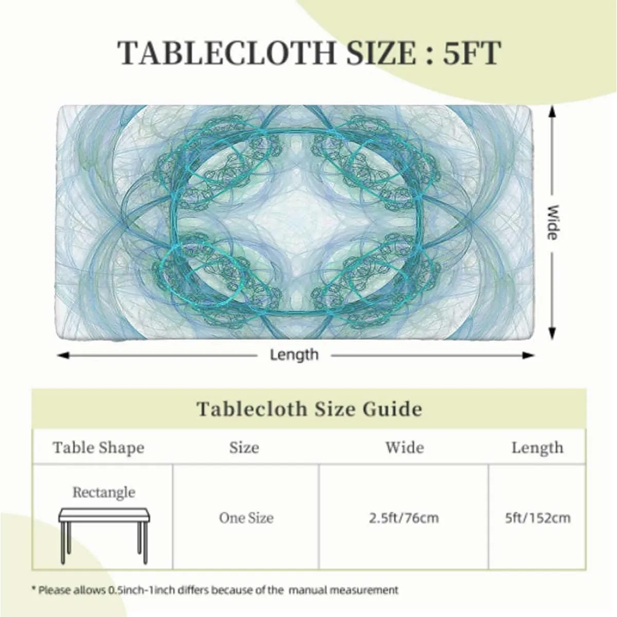 Teal Elastic Fitted Tablecloth Flower Shaped Spiral Digital Vortex Pattern Tablecloth Fitted Table Cloth Rectangle Table Layered Floral Fits up 5 Foot Tables