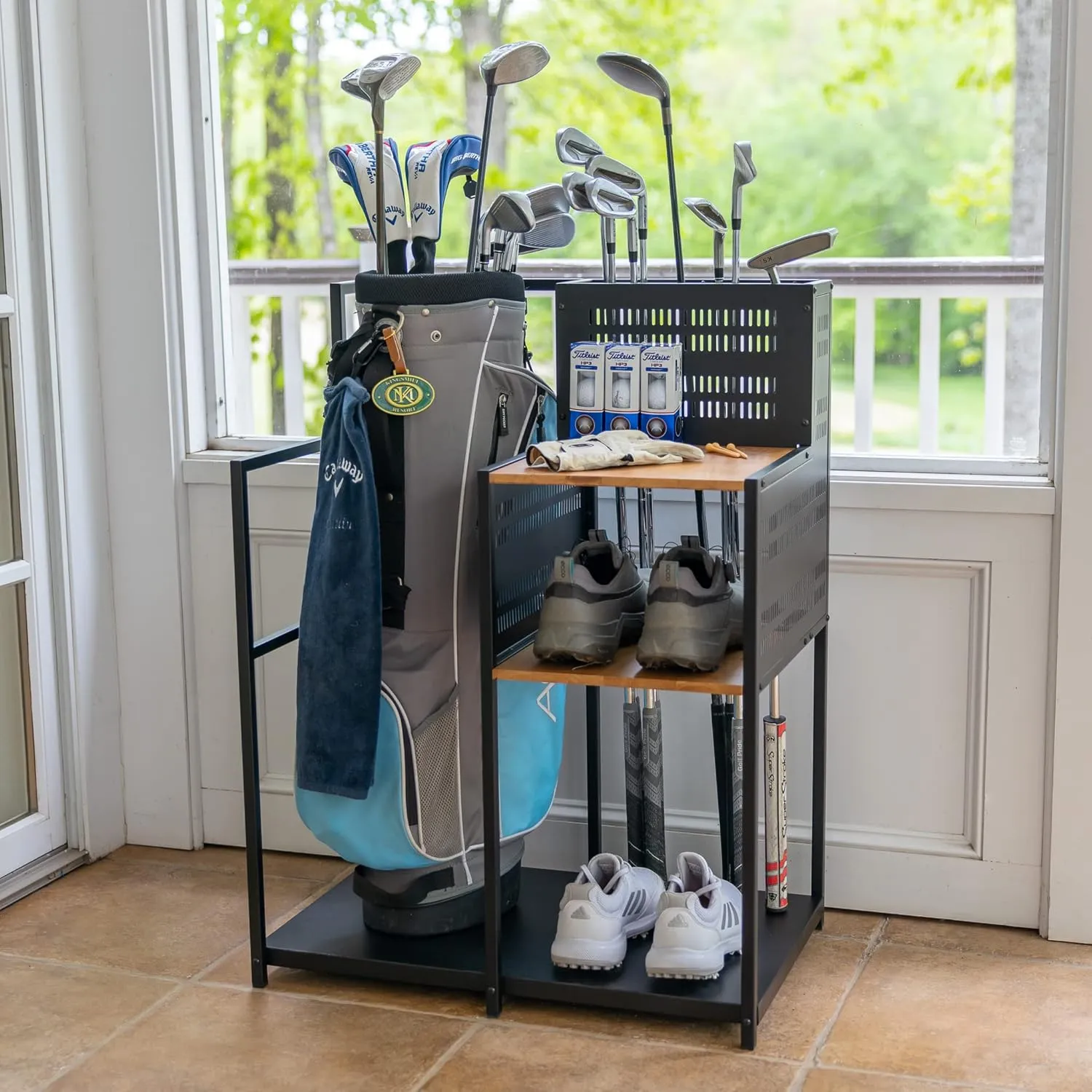 Teal Triangle Golf Storage Organizer, Heavy Duty Garage Freestanding Storage, Holds Golf Clubs, Bags, Golf Accessories, Golf Gifts for Men