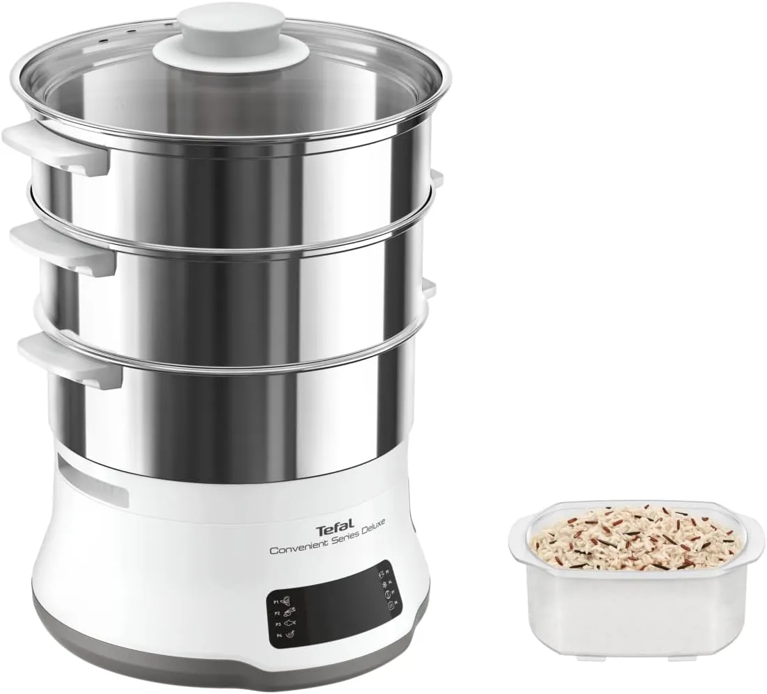 Tefal Convenient Series Deluxe Steamer, Simple Touch Screen, 8 Programmes, Cooking on 3 Levels, Stainless Steel Container, Durable Quality, Healthy Preparation, Stainless Steel/White, VC502D