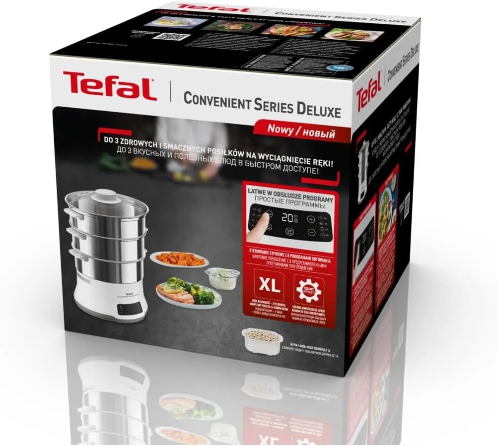 Tefal Convenient Series Deluxe Steamer, Simple Touch Screen, 8 Programmes, Cooking on 3 Levels, Stainless Steel Container, Durable Quality, Healthy Preparation, Stainless Steel/White, VC502D