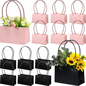 Teling 12 Pcs Kraft Flower Gift Bags Bouquet Paper Bags with Handle Waterproof Empty for Flowers Rectangle Packaging for Mother's Day Gift(Black, Pink)