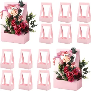 Teling 12 Pcs Mother's Day Flower Boxes for Arrangements Pink Flower Bags for Bouquets Paper Floral Gift Bag Portable Waterproof Floral Box with Handle for Wedding Party Florist Supplies