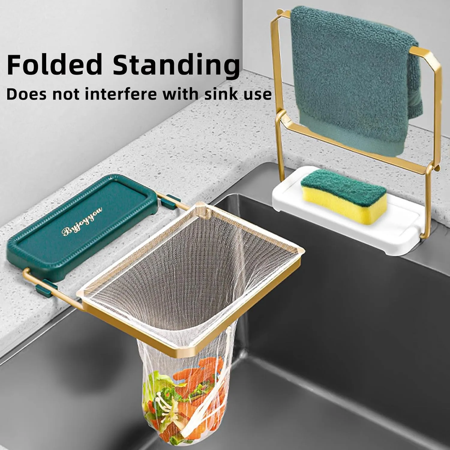 Thcbme Multifunctional Kitchen Sink Strainer Mesh Bag, Mesh mate Sink Strainer Waste Rack with Collapsible Design, Includes 100 PCS Filter Net Bags for Easy Food Waste Disposal (White)
