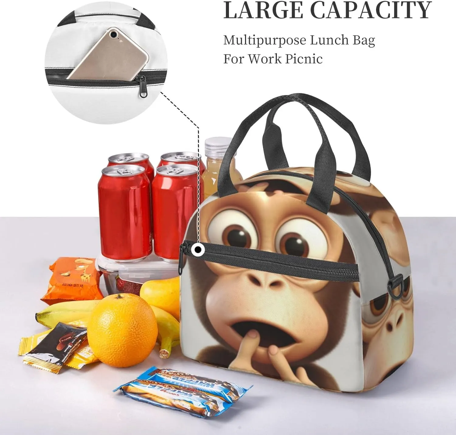 The silent monkey Lunch Bag for Women Men Lunch Box with Front Pocket Insulated Lunch Tote Bag for Office Work