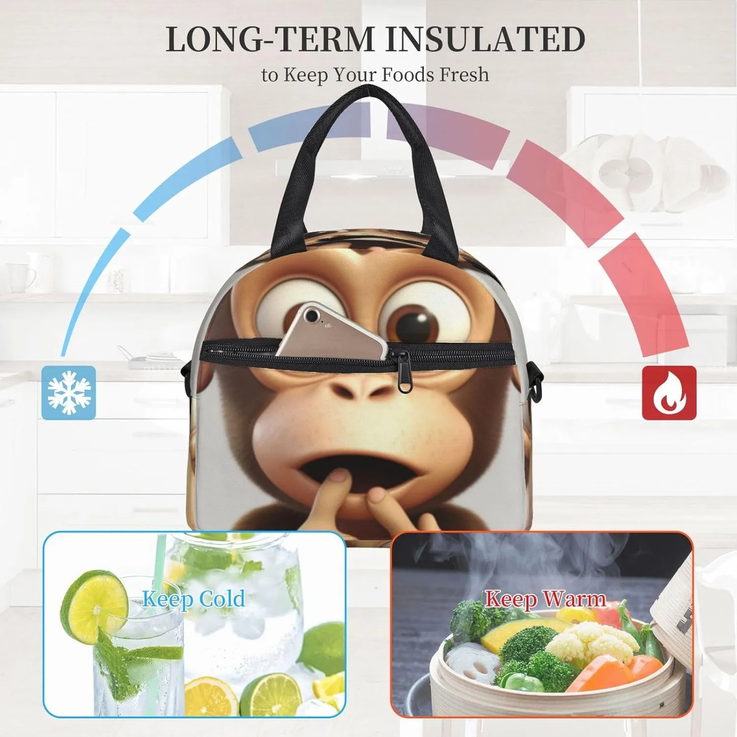 The silent monkey Lunch Bag for Women Men Lunch Box with Front Pocket Insulated Lunch Tote Bag for Office Work